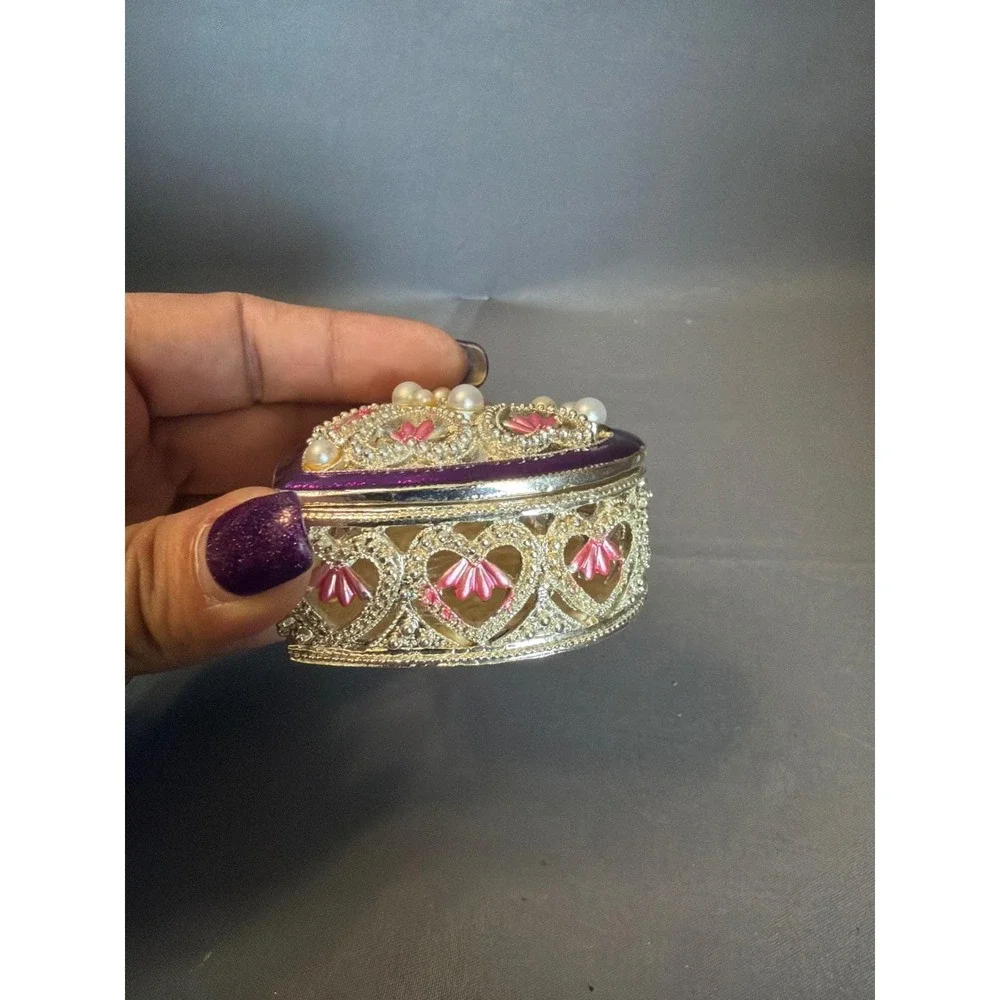Vintage Style Heart Trinket Box Silver Filigree Purple Enamel Faux Pearl Jewelry